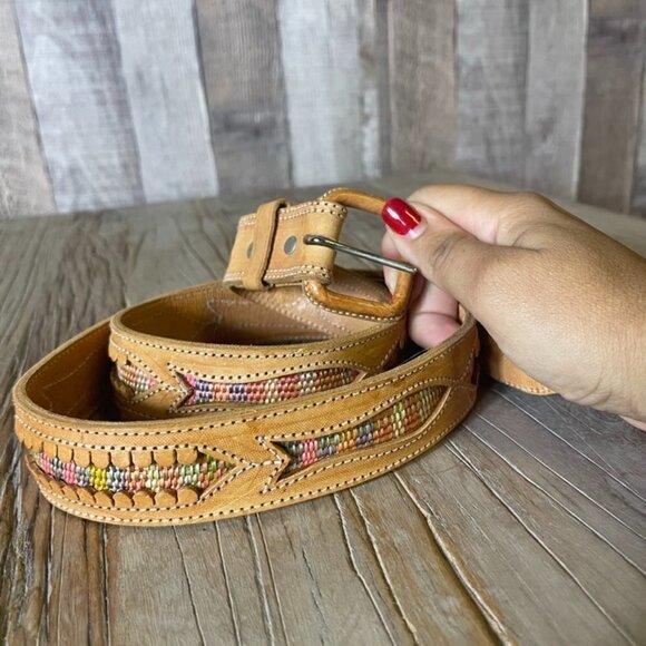 Leather Tooled Woven Fish Inlay Cutout Belt - Picture 1 of 5